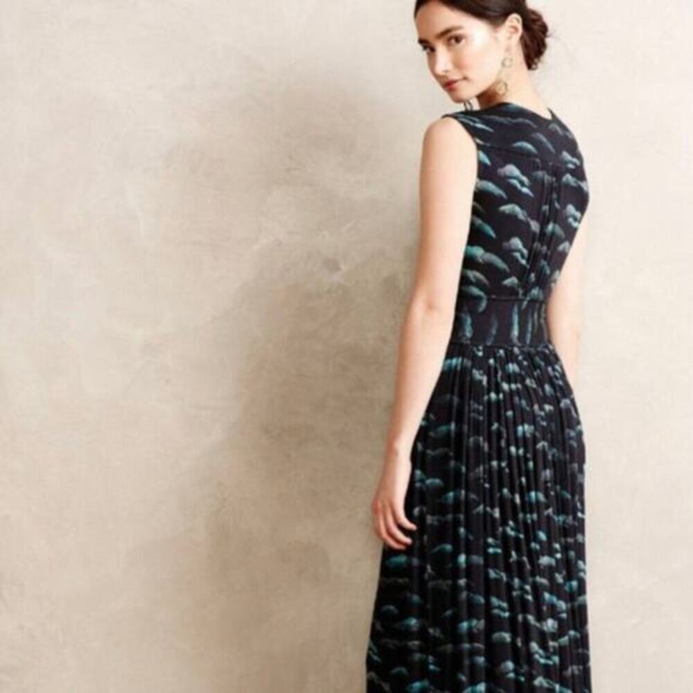 Anthropologie Deletta Landscape Print Maxi Dress V-Neck Tie Waist Black Teal PXS